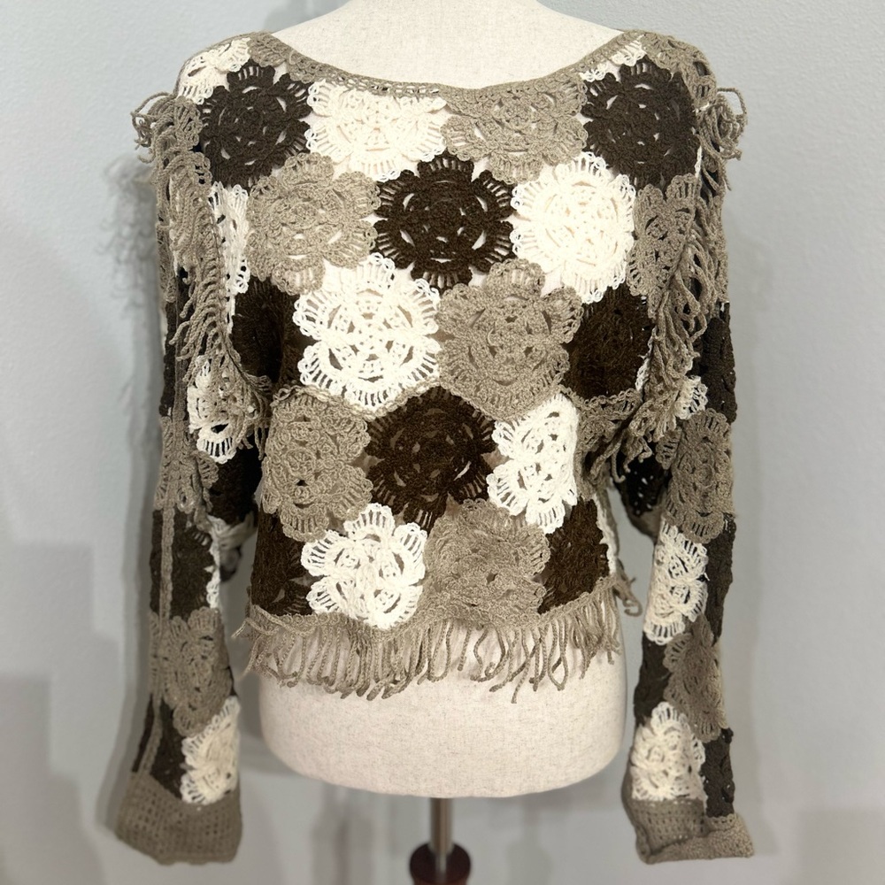 Crochet Floral Pattern Sweater - Brown, Cream, and Gray